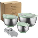Navaris Stainless Steel Mixing Bowls with Graters (Set of 3) - Baking or Cooking Bowl Set with Lids, Grater Attachments, Non-Slip Silicone Base - Mint Green