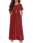 Arshiner Girls Maxi Dress, Short Sleeves with Pockets, Long Casual Soft Dress for Holiday (10-11 Years/Rose Red)