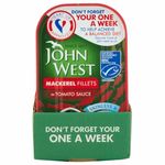 John West Mackerel Fillets in Tomato Sauce- Skinless & Boneless - High in Omega 3 - Great Flavour - 10x125g