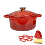 Parmedu Enameled Cast Iron Pot: 2.6 Quart Heavy Duty Dutch Oven with Lid and Dual Handles - Silicone Accessories and Sponge Included, Ideal for Braising, Stewing, Roasting and Baking, Christmas Red