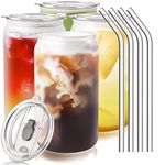 AZTEC Transparent Round Glass Green Tea and Cold Coffee Can Mug with Lid and Straw Set of 1-540ml for Beer Soda Drinking Fruit Juice Milk Glass Sipper Tumbler Cup (540ml Lid Tea Can 1)