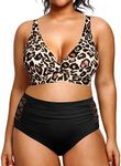 Yonique Womens Plus Size Bikini High Waisted Swimsuits Two Piece Bathing Suits Tummy Control Swimwear, Leopard and Black, Medium