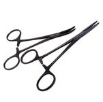 Pair of Two Multipurpose Mosquito Hemostat Locking Forceps with Curved + Straight Serrated Jaw Comes in Black 5" Long Stainless Steel Pliers Used for Holding Objects, Pet Grooming, Fishing + More