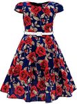 BONNY BILLY Girls Short Sleeve Vintage Floral Summer Swing Party Dress with Belt 5-6 Years Red Flower