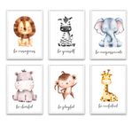 Safari Animals Nursery Wall Art, Nursery Wall Decor, Set of 6 Prints 8X10’’ (unframed), Elephant, Zebra, Lion, Hippo, Monkey, Giraffe, Jungle Inspirational Baby Nursery Decor (French)