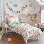 4 Pieces White Girls Toddler Bedding Set Orange Floral Style for Autumu and Winter.- Includes Adorable Quilted Flower Warm Comforter, Green Plaid Fitted Sheet, Top Sheet, and Pillow Case