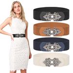 LEACOOLKEY 4 Pack Women's Wide Elastic Belt for Dresses Black Wide Stretchy Belt Vintage Cinch Belt with Sliver Buckle(Black+Brown+Blue+Beige,Suitable for waist size 33"-41")