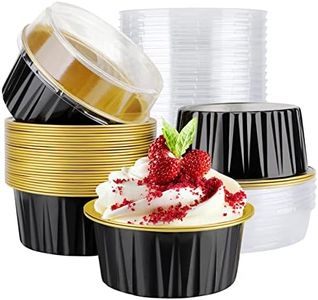 EUSOAR Mini Cheesecake Containers, 30pcs 5oz Disposable Aluminum Foil Cupcake Liners Ramekins Baking Cups, Dessert Cups with Lids Mini Aluminum Cheesecake Pan Creme Brulee Ramekins- Black&Gold