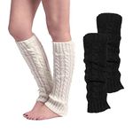 NITAIUN 2 Pairs Chunky Cable Knit Leg Warmers Solid Color Crochet Knitted Long Boot Cuffs Socks Boot Topper Socks Leg Cuffs Over Knee Leg Warmer Socks for Women Girls (Black,White)