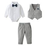 Baby Boy Clothes Outfit Suits, Infant Gentleman Long Sleeve Romper Jumpsuit+Pants+Bow Tie Formal Tuxedo Clothing Set for Boys (Grey, 9-12 Months)