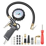 VSSHE Tyre Pressure Gauge, 220 PSI Tyre Inflator, With Rubber Hose, Valve Core Tool, Compressor Accessories, Adapter, Suitable for Compressor Car Motorcycle Bicycle Truck