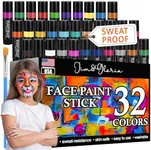 Jim&Gloria Face Painting Kit for Kids 32 Colors Metallic, Neon, Classic + Makeup Brush, Skin Safe, Washable and Professional Body Paint Sticks Crayon Set, Birthday Gift for Kids, Halloween Costume