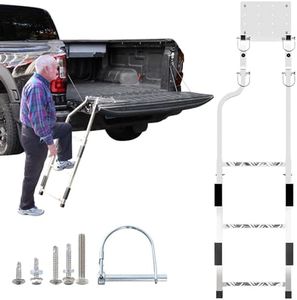 Tailgate Ladder, Stainless Steel Pickup Trucks Tailgate Steps, Elder-Friendly Truck Bed Ladder with Anti-Slip Steps, No Noise Pad, Easy Install Foldable Truck Accessories Universal Fit Ford Ram