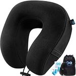 Everlasting Comfort Memory Foam Travel Pillow - Airplane Neck Pillow for Travel with Earplugs, Eye Mask & Carry Bag - Neck Support Cushion for Plane, Car & Train - Black