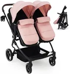 GarveeLife Side by Side Double Stroller for Twins, Lightweight Compact Foldable Baby Travel Stroller with High Landscape Seat, Adjustable Canopy & Recline for Infant and Toddler, Pink