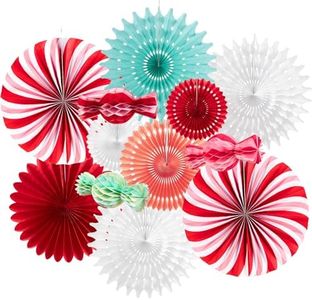 PAPER JAZZ 12pcs Candy Paper Fans Christmas Decoration,Candy Honeycomb Christmas Decorations,White and Red Xmas Decoration Wall/Ceiling for Classroom,Bulletin Board,Winterwonderland,Office Decor.