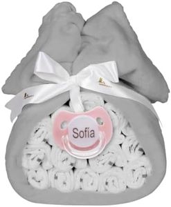 Tarta de Pañales para Recién Nacida con Manta Bordada con nombre + 15 pañales Moltex Premium, ecológicos y biodegradables Talla 2 (3-6 Meses) + Chupete Personalizado con nombre Grabado (Rosa)