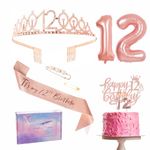 Rose Gold 12th Birthday Decorations for Girl 12th Birthday Sash and Tiara Set, 12th Birthday Party Sash Crown Birthday Cake Topper Number 12 Foil Balloons Candles, 12th Birthday Gifts for Her Girl