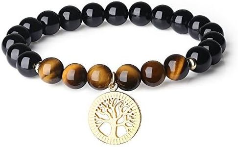 COAI Unisex yoga bracelet made of gemstones with tree of life charm, 14 centimeters, Schorl/Black Tourmaline Tiger Eye Yellow, Schorl/Black Tourmaline