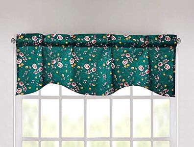 DaDa Bedding Botanical Wild Flowers Teal Green Floral Window Curtain Valance - Semi Sheer Natural Lighting Scalloped Farmhouse Gardenia - Bright Vibrant Rose Flowers Kitchen Decor - 18" x 52"