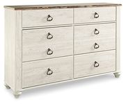 Signature Design by Ashley Willowton Coastal Cottage 6 Drawer Dresser with Faux Plank Top, Whitewash