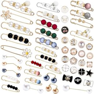 50 Pcs Pearl Brooch, Sweater Shawl Hat Clip Neckline Pins Double Faux Pearl Brooches for Women Girls Fashion Cover Up Buttons Clothing Dresses Decoration Accessories Pant Waist Tightener Safety Pins