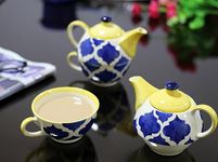 KITTENS Ceramic Tea Pot Cup Set, Hand Painted, Microwave and Dishwasher Safe, Food Grade Material, Excellent Gift Article, Blue and Yellow Colour