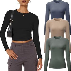 MLYENX 3/1 Pack Womens Long Sleeve Shirts Crew Neck Basic Stretchy Fitted Y2K Tops Going Out Fashion Clothes, 3 Pack:olive,beige,teal, Large