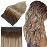 Full Shine Secret Extensions Human Hair Invisible Wire Hair Extensions 16 Inch Hidden Crown Layered Hair Extensions with Fish Wire Human Hair Color 3/8/22 Dark Brown to Ash Brown and Blonde 80 Grams