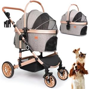 Pet Stroller with 4 Wheels, Foldable Pet Travel Carrier for Small/Medium Dogs Cats up to 50lbs, Detachble Portable Pet Bag, Storage Basket, Car Seat 3 in 1 Multifunctional (Grey)