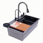 CONSKAPE Black Waterfall Kitchen Sink, Stainless Steel Smart Kitchen Sink Sinks Single Bowl Workstation Utility Sink with Pull Down Sprayer Kitchen Faucet Glass Rinser - 30x18x9 Inch (Pack Of 1)