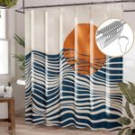 AmazerBath Boho Shower Curtain, 72x72 Washable Cloth Navy Sea and Sunset Shower Curtain with 12 Hooks, Fabric Rustic Shower Curtain Set, Farmhouse Modern Tan Shower Curtains for Bathroom Camper RV