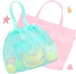 Tagitary Beach Toys Kids Beach Bag Tote with Drawstring, Pink Blue Mesh Bag Travel Beach Essentials for Kids Swim Pool Gym Bag Camping Accessories Toys Storage Lightweight Foldable Birthday Gifts