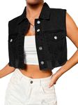 Verdusa Women's Ripped Raw Hem Sleeveless Button Up Crop Denim Vest Jean Outerwear Black Small