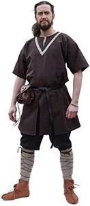 Battle-Merchant - Túnica Medieval Ailrik de Manga Corta - con Ribete Bordado - Disfraz de Guerrero Vikingo para Carnaval - Marrón - XL