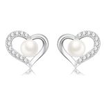 Pearl Earrings for Women - 925 Sterling Sliver Pearl CZ Heart Studs Earrings, Dainty Wedding Pearl Earrings Bridesmaid Gift, Valentines Pearl Earrings Jewelry Ladies Girls Gifts