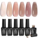 Beetles Jelly Gel Nail Polish Set, 6 Neutral Nude Colors Translucent Brown Sheer Pink Soak Off UV Gel-DIY Nail Art Manicure Gifts for Women Girls