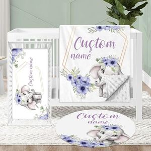 KAINSY Personalized Crib Bedding Set, 3 Pcs Custom Name Baby Crib Set for Infant Toddler New Parents, Double Layer Baby Bedding Set for Boy Girl, Purple Elephant Nursery Bedding Set Customized Gifts