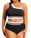 Aqua Eve Women Plus Size High Waisted Bikini One Shoulder Two Piece Swimsuit Color Block Bathing Suits, Black White, 12 Plus