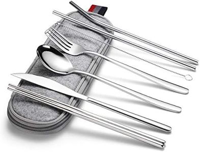 Portable Cutlery Set 304 Stainless Steel Spoon Fork Knife Combo Set with Chopsticks Straws Cleaning Brush, Travel Utensils Camping Flatware Set with a Organize Case