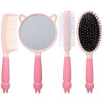 MEGAVOW 4 Pcs Cute Hairbrush Hand Mirror Set, Detangle Massage Comb, Fine Tooth Comb, Rabbit Personalised Handheld Mirror, Round Curly Brush for Girls Wet Dry Hair Styling (Pink)