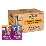 Whiskas Adult (+1 Year) Wet Cat Food, Tuna In Jelly, 24 Pouches (24 X 85G) & Chicken In Gravy, 24 Pouches (24 X 85G), 1 Count