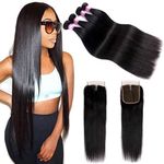 FQ Peruvian Straight Hair 4 Bundles With Closure 8A 100% Unprocessed Virgin Human Hair Bundles With 4x4 Lace Closure Peruvian Hair Bundles With Middle Part Closure (24 26 28 30+20"Natural Black)