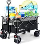 Hikenture Wagon Cart Foldable with Cargo Net, Big Wheels Folding Wagon, 200L Enlarged Capacity Beach Wagon for Sand, Heavy Duty Collapsible Wagon, Portable Utility Foldable Garden Cart for Outdoor