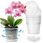 T4U Orchid Pot, 6 Pack 11cm Orchid Pots with Holes and Saucers, Clear Orchid Pots for Repotting, Plastic Flower Plant Pot for Indoor Outdoor Plants, Slotted Orchids Planter for Root Health