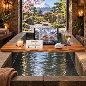 EcoDecors Eleganto 50" Live Edge Solid Teak Bath Caddy Tray with Handle, Book & Tablet Holder, Wine Glass Holders, Luxury Bathtub Tray