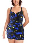 Ocean Blues Women's Feather Print Plus Size Boyleg One Piece Bathing Suit Tummy Control Retro One Piece Swimsuit Size Medium