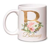 Personalised Mug Floral Gold Initial Name 11oz. Mum Sister Friend Mother's Day, Birthday Gift Idea Microwave Dishwasher Safe. Premium Coated