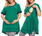 MONNURO Women's Short Sleeve Casual Plus Size Nursing Maternity Clothing Swing Tunic Tops Loose Breastfeeding Shirts, Deep Green, 3X