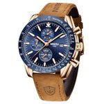 NIBOSI Men's Leather Watch Analog Silicone Quartz Wrist Blue Dial Watch For Men Business Waterproof Sport Stainless Steel Dress Watch With Calendar, Band Color:Brown